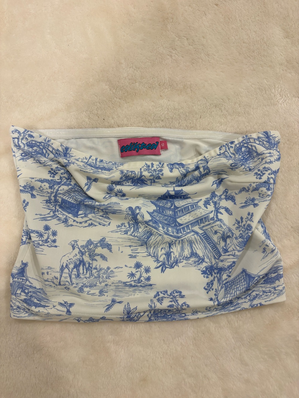 Edikted Blue & White Toile Strapless Top